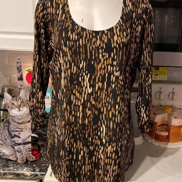 R womens Susan Graver stretch brown long scrunched sleeve regular size top L - Picture 1 of 5